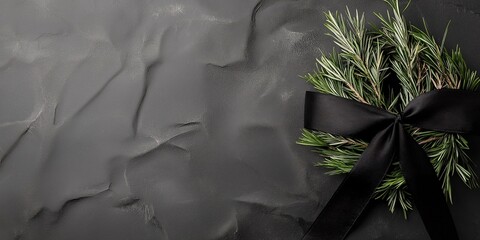 A close-up of a simple memorial wreath made of pine branches, tied with a black ribbon, placed on a textured dark background, evoking solemnity and remembrance