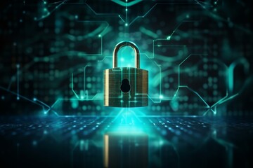 Secure golden lock floating over binary code matrix, symbolizing cybersecurity and data protection in virtual environment
