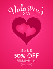 Valentines day sale poster with hearts on pink background. Vector illustration