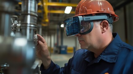Industrial maintenance engineer wearing augmented reality glasses inspecting and maintaining equipment in a factory, highlighting the integration of ar technology in modern operations
