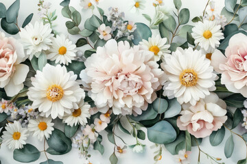 Fototapeta premium Soft pastel floral arrangement featuring peonies and daisies in a delicate pattern on a light background