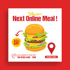 Food social media post banner ad editable template. Restaurant cafe social media square flyer or poster. online fast Food home delivery service promotional advertising, Burger vector illustration