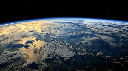 Obraz premium Sunrise Earth view from space, clouds, landmasses. Global environmental backdrop.