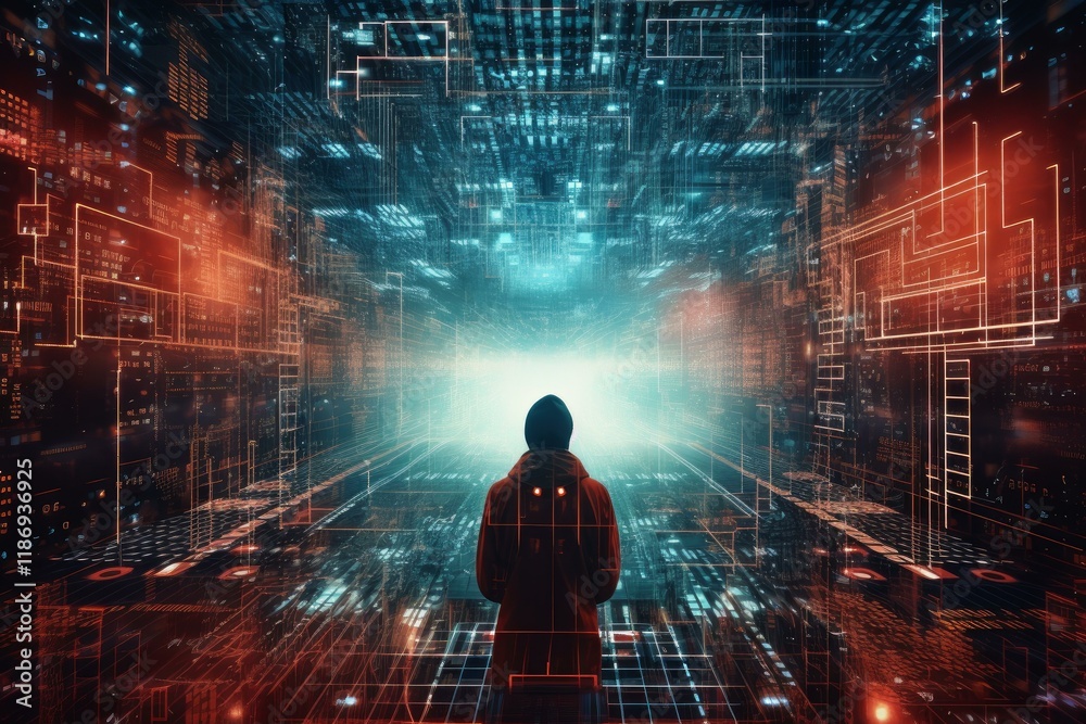 Poster hacker walking into glowing digital information tunnel, exploring virtual reality environment made o