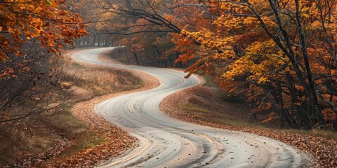 Naklejka premium A winding road through a vibrant autumn landscape with colorful leaves.
