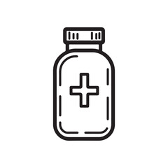A simple line drawing of a medicine bottle with a cross symbol on it