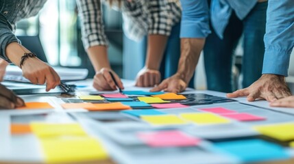 Coworkers are collaborating on a project, using colorful sticky notes to organize their ideas and plan their next steps during a productive brainstorming session