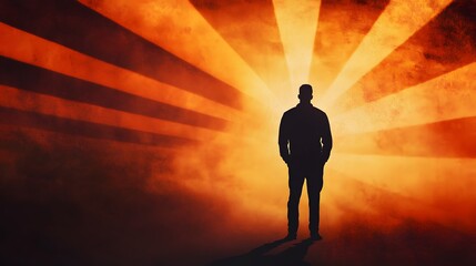 Silhouette figure stands in radiant orange tunnel