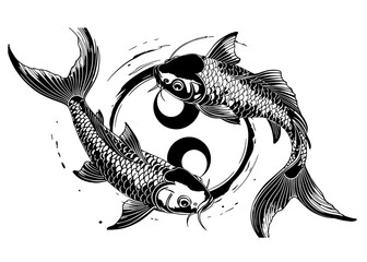Koi Fish Sketch Drawing. set of cartoon fish illustration black and white.hand drawn koi fish with flower tattoo for Arm.Japanese tattoo and illustration for coloring.Asian traditional tattoo design.