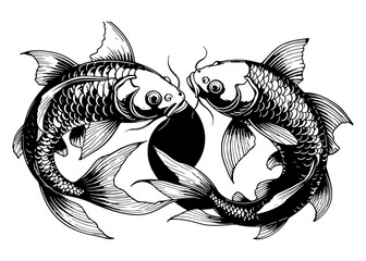 Koi Fish Sketch Drawing. set of cartoon fish illustration black and white.hand drawn koi fish with flower tattoo for Arm.Japanese tattoo and illustration for coloring.Asian traditional tattoo design.