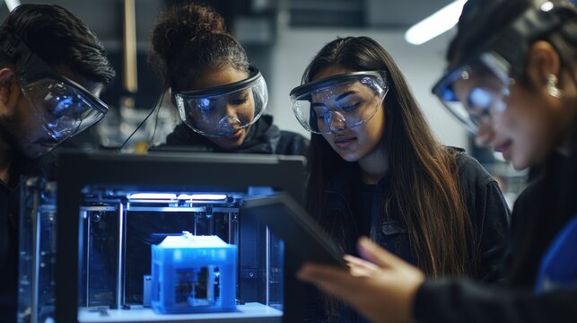 Four engineering students wearing safety glasses are using a 3d printer and a tablet, collaborating on a project in a modern laboratory, focusing on innovation and technology