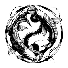 Koi Fish Sketch Drawing. set of cartoon fish illustration black and white.hand drawn koi fish with flower tattoo for Arm.Japanese tattoo and illustration for coloring.Asian traditional tattoo design.