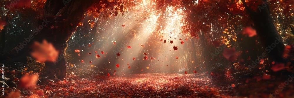 Poster autumn leaves gracefully falling in a serene forest with sunlight streaming through the trees. gener