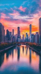 Fototapeta premium reflections of city skyline on calm water at sunset, vibrant and serene, focus on urban beauty