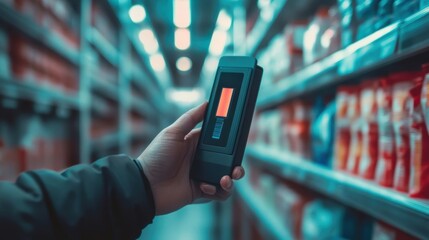 Hand holding mobile device with inventory management software open, scanning barcodes on products in a retail warehouse, ensuring efficient stock control and logistics