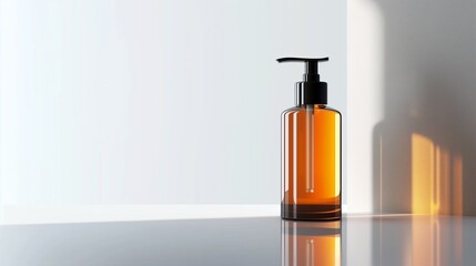 A high-end hair serum bottle, with a sleek pump dispenser, placed on a clean white surface. The reflective surface of the bottle adds depth to the minimalist background.