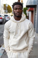 Fototapeta premium Confident individual stands in urban street wearing a light-colored hoodie and chain, exuding a sense of empowerment and style in the city