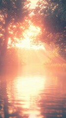 Obraz premium Sunrise over a serene lake, vibrant light reflections, realistic and magical atmosphere, isolated with atmospheric gradient background for artistic clarity.