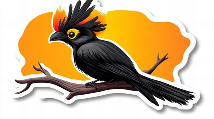 Fototapeta premium A vibrant illustration of a black bird with striking orange accents perched on a branch against a warm, orange backdrop.