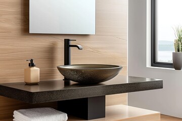 Minimalist Modern Bathroom: Close-Up of Oval Vessel Sink and Black Faucet on Granite Counter with Marble or Tempered Glass Stone