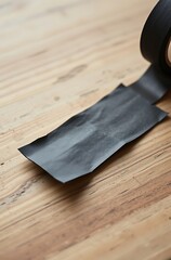 Black tape roll on wooden surface.