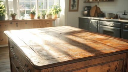 Refinishing antique kitchen island with precision, natural light streaming into cozy studio