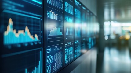 Multiple screens displaying real time production data and key performance indicators - kpis - in a modern manufacturing facility contribute to efficient operations management and process optimization