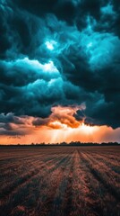 massive thunderstorm over flat farmland, glowing dynamic background, symbolic representation of power and tranquility, cinematic atmospheric theme