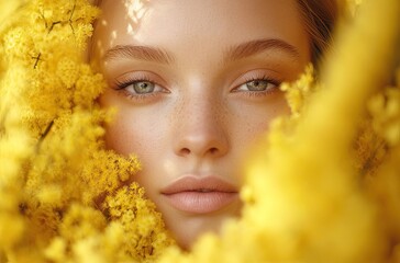 A close-up portrait of an attractive woman with natural makeup, surrounded by yellow mimosa flowers and green leaves on the right side of her face