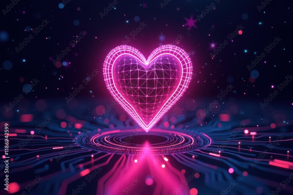Poster futuristic heart visualization in a vibrant metaverse setting with neon lights and digital elements 