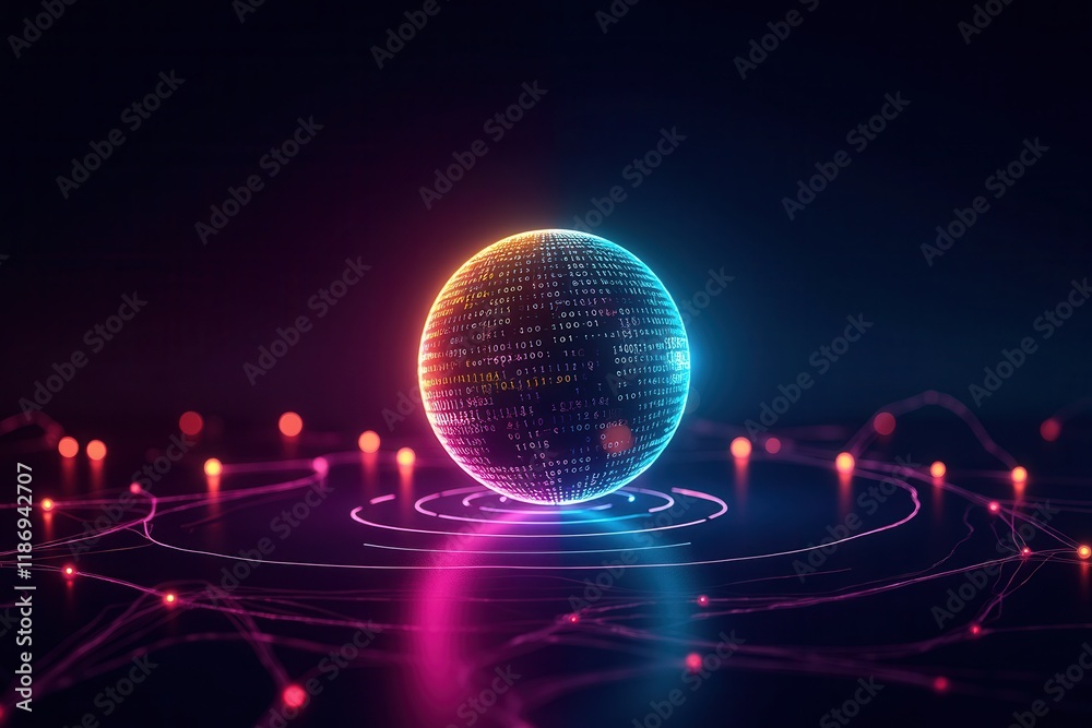 Poster futuristic glowing sphere with digital patterns and circuits representing technology and innovation 