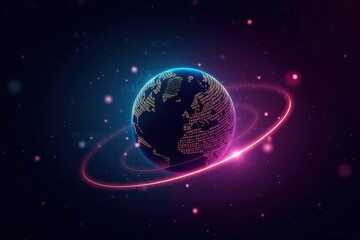 Fototapeta premium Futuristic Sphere Representing Earth Surrounded by Glowing Rings and Stars in Cosmic Space with a Digital Aesthetic