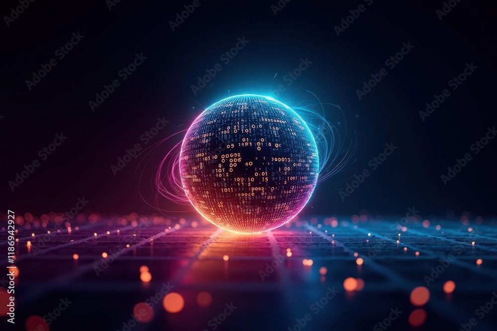 Poster futuristic sphere with neon glow and binary code, representing technology and digital innovation on 