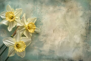 Three narcissus flowers are lying on a textured background with cracks, creating a perfect spring mood