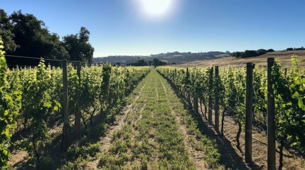 Obraz premium Hop plants growing on trellises in a sunny field, emphasizing the farm-to-glass concept in brewing