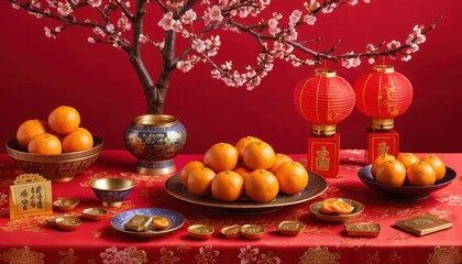 A colorful display of mandarin oranges, gold bars, and red envelopes arranged on a festive red table cloth. Chinese decorative elements