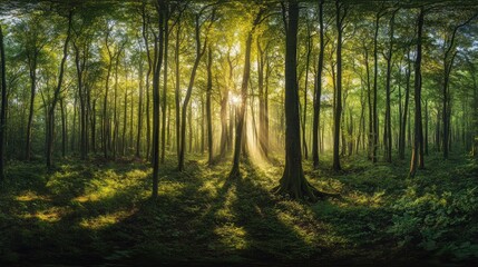 Obraz premium Sunrise beams through deciduous forest, dappled light, nature background, idyllic scene