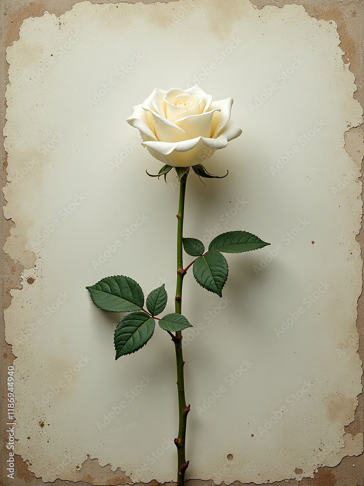 Poster a lone white rose blooms amidst a grungy textured backdrop with plenty of empty space around it. 000