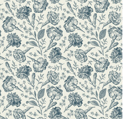 Seamless pattern. Beautiful pink blooming realistic isolated flowers. Vintage background. Set Carnation Roses wildflowers. Wallpaper. Drawing engraving. Vector victorian Illustration