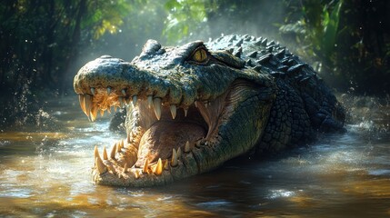 Obraz premium Close-up of a large crocodile's head and open jaws emerging from murky water in a jungle setting.