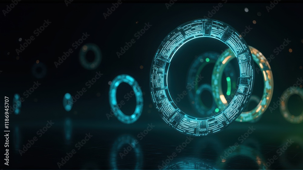 Poster futuristic energy rings with complex patterns and glowing effects in a dark background for tech and 