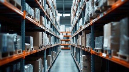 Large industrial warehouse interior showing goods or merchandise stored on high shelves with industrial metal orange and blue racking and pallets ready for distribution
