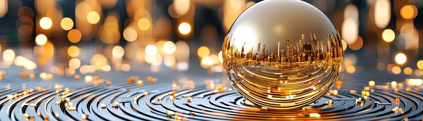A reflective golden sphere rests on a textured surface, surrounded by soft, glowing lights, creating a warm and inviting atmosphere.