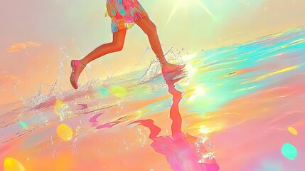 Naklejka premium woman runs at dawn, demonstrating her athletic form in motion. He loves freedom and fitness, surrounded by the beauty of nature under bright skies