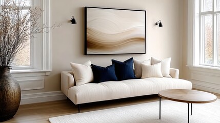 Modern Hall Entryway with Neutral Sofa, Soft Pillows, Abstract Art and Rustic Vase in Bright Living Room with Natural Light