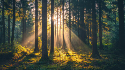 Fototapeta premium serene forest clearing with sunlight filtering through tall trees, creating magical atmosphere