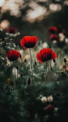 Obraz premium vivid red poppies standing tall in a lush green field, focus on contrast and nature's elegance