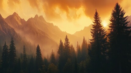 Fototapeta premium Sunset mountain range forest mist scenic landscape