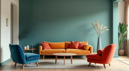 mustard-yellow sofa with teal coral armchairs a teal living room