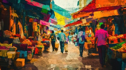 Obraz premium street view of a bustling market filled with vibrant colors, symbolic of culture and community, dynamic textured background